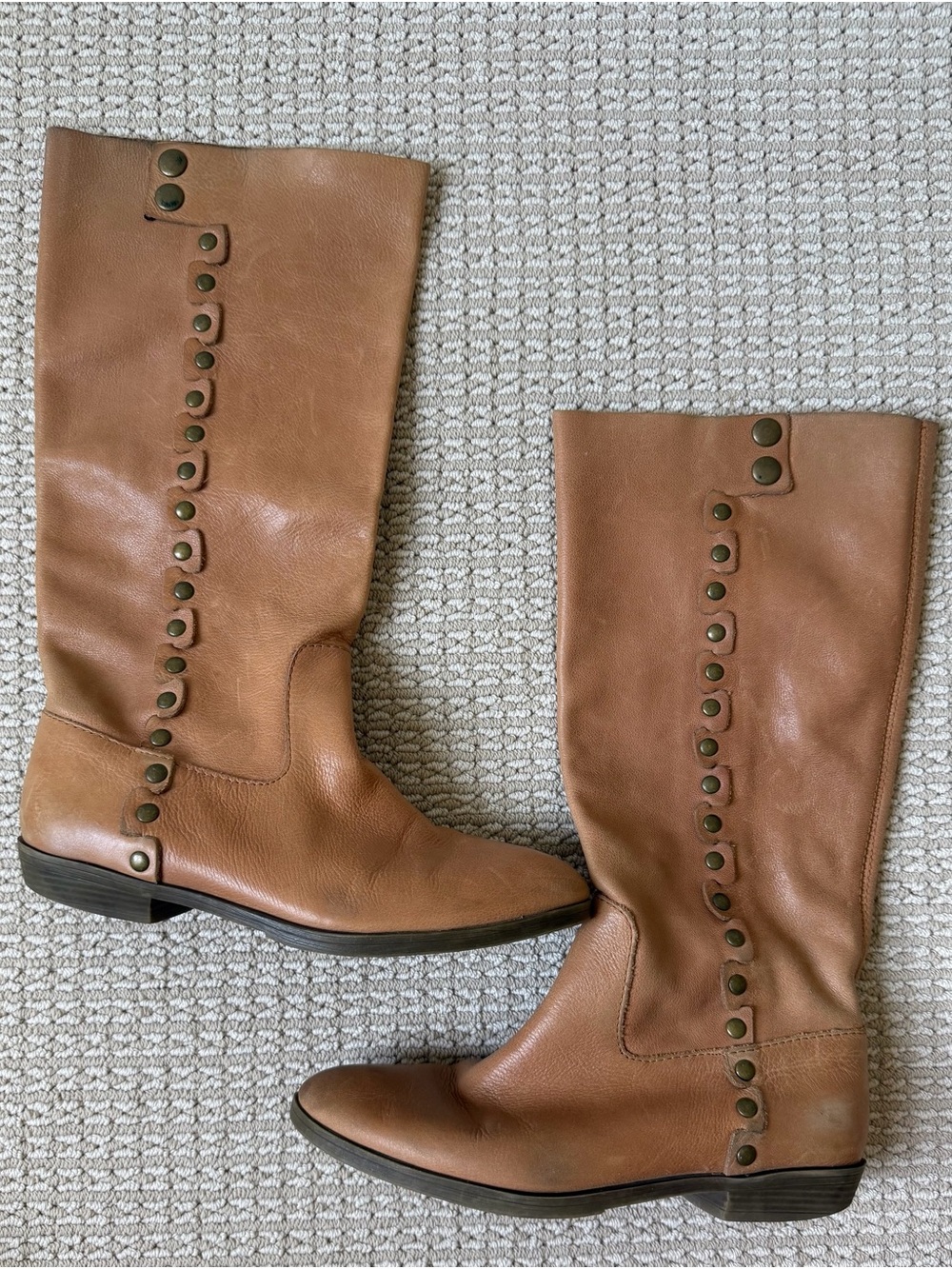 Nine West Tan Leather Mid-Calf Riding Boots with Stud Detail